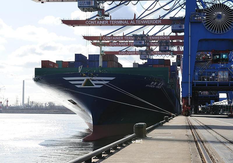 Hamburger Hafen Fotografie - Containerterminal der HHLA Hamburg-Altenwerder CTA.  011_83_0125 Der 340 m lange Containerfrachter HYUNDAI FORCE liegt unter den Containerbrcken des Container Terminals Altenwerder und wird entladen. Der Containerriese kann 8750 TEU Standardcontainer an Bord nehmen.