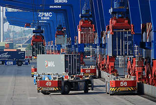 011_15642 auf dem Container Terminal Altenwerder CTA werden die Container vom Laschplatz mit der Portalkatze auf die führerlosen Transportfahrzeuge geladen; diese Automated guided Vehicles ( AGV ) bringen die Fracht an ihren Bestimmungsort.
