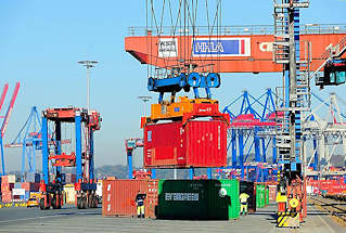 0805 Ein Container wurde von der Krananlage am Güterbahnhof Burchardkai aufgenommen. Im Hintergrund die Containerkräne am Athabaskakai.