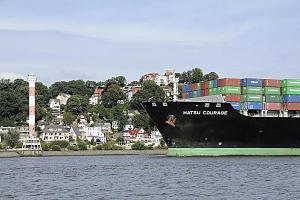 Bilder des Stadtteils Hamburg-Blankenese, Bezirk Altona. Blankenese ist ein im Jahr 1301 erstmals urkundlich erwhntes, ehemaliges Fischerdorf an der Elbe. Der Name Blankenese kennzeichnete frher den Ort einer flachen Landzunge, die vom nrdlichen Elbufer in den Fluss ragte und immer wieder bersplt wurde, so dass deren Sand in der Sonne glnzte. Der noble Elbvorort mit seinem Treppenviertel hat eine Flche von 7,7 km und ca. 12000 Einwohner. H0164 Containerfrachter HATSU COURAGE - Bug des Schiffs Container - Hintergrund Hamburg Blankenese + Leuchtturm. 