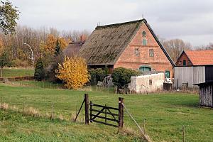 Bauernhof mit Strohdachhaus und Scheune  / Wiese mit Gatter. Fotos aus dem Hamburger Stadtteil MOORBURG - Bilder aus dem Bezirk HAMBURG HARBURG. Der Stadtteil MOORBURG gehrt zum Bezirgk Hamburg Harburg und hat bei ca. 780 eine Flche von ungefhrt 9 km. Moorburg gehrt seit 1375 zu Hamburg - das Gebiet wurde damals gekauft, um die Schifffahrt auf der Elbe zu kontrollieren. Seit den 1980er Jahren gehrt der Stadteil zum Hafenerweiterungsgebiet.