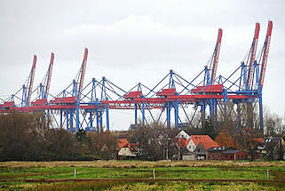 2900 Wiesen und Wohnhuser von Hamburg Moorburg - Containerbrcken vom Terminal Altenwerder.