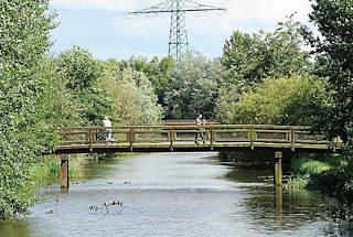 4970 Baumbestand an einem der Fleete in Hamburg Neuallermhe - eine Holzbrcke fhrt ber das Wasser.