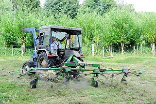 1175 Heuernte auf einer Wiese in Bnningstedt / Ammersbek - ein Landwirt wendet mit seinem Traktor.