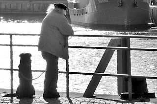 3494-2 Mann mit Hund blickt ber den Hafen von Neustadt in Holstein; das Frachtschiff Pavona liegt am Kai.