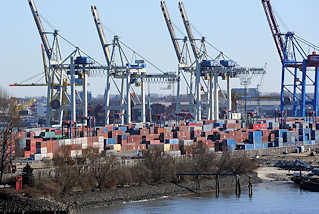 2120 Blick ber die Elbe zum HHLA Container Terminal Tollerort; Reste des fast zugeschtteten Hafenbeckens des Kohleschiffhafens.