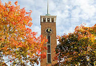 9469 Kirchturm der Frohbotschaftskirche in Hamburg Dulsberg zwischen Herbstbumen - Bltter herbstlich rot, braun und gelb gefrbt.