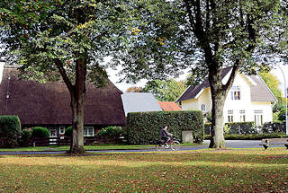 4874 Historische Wohnhuser - hohe Bume; Strasse bei den Rauhen Bergen in der Gemeinde Grosshansdorf, Kreis Stormarn.