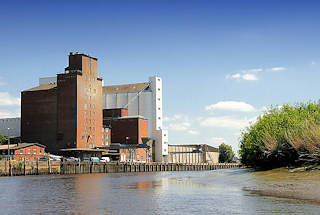 8856 Industriearchitektur, Speichergebude im Hafen von Itzehoe an der Str; Schilf am Ufer des Flusses.